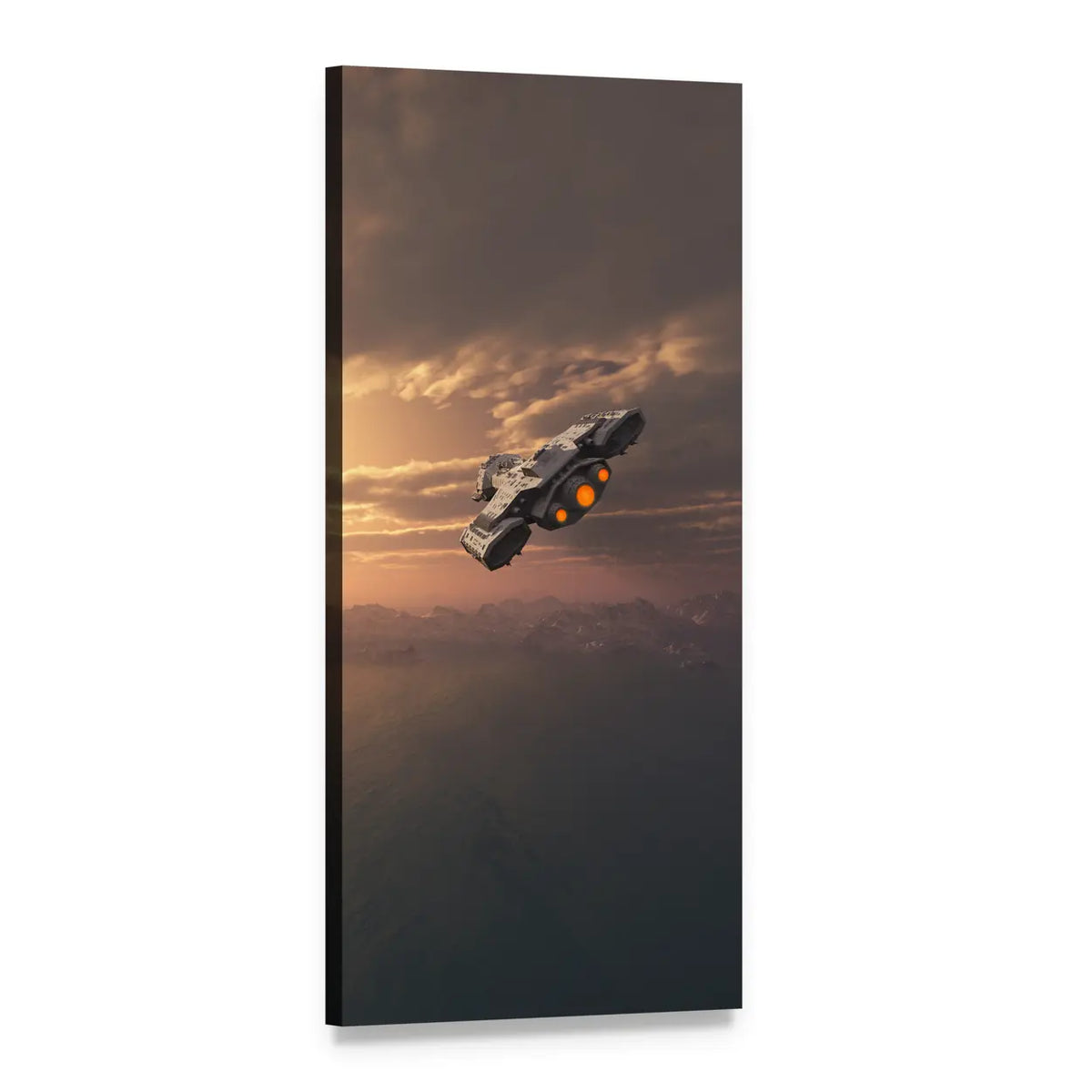 Sci-fi Spaceship Over Snowy Peaks Vertical Canvas Wall Art, 1 panel 1 Vertical layout gallery wrapped canvas set, angled product view