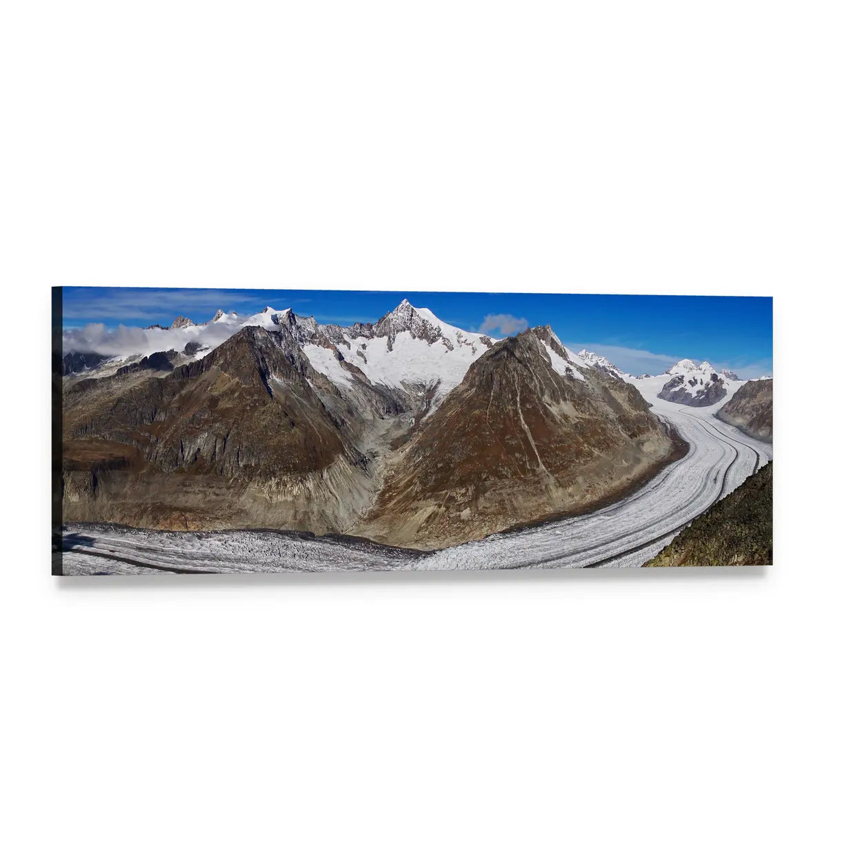 Grosser Aletsch Glacier Alpine Landscape Panoramic Canvas Wall Art, single panel gallery wrapped canvas, angled product view