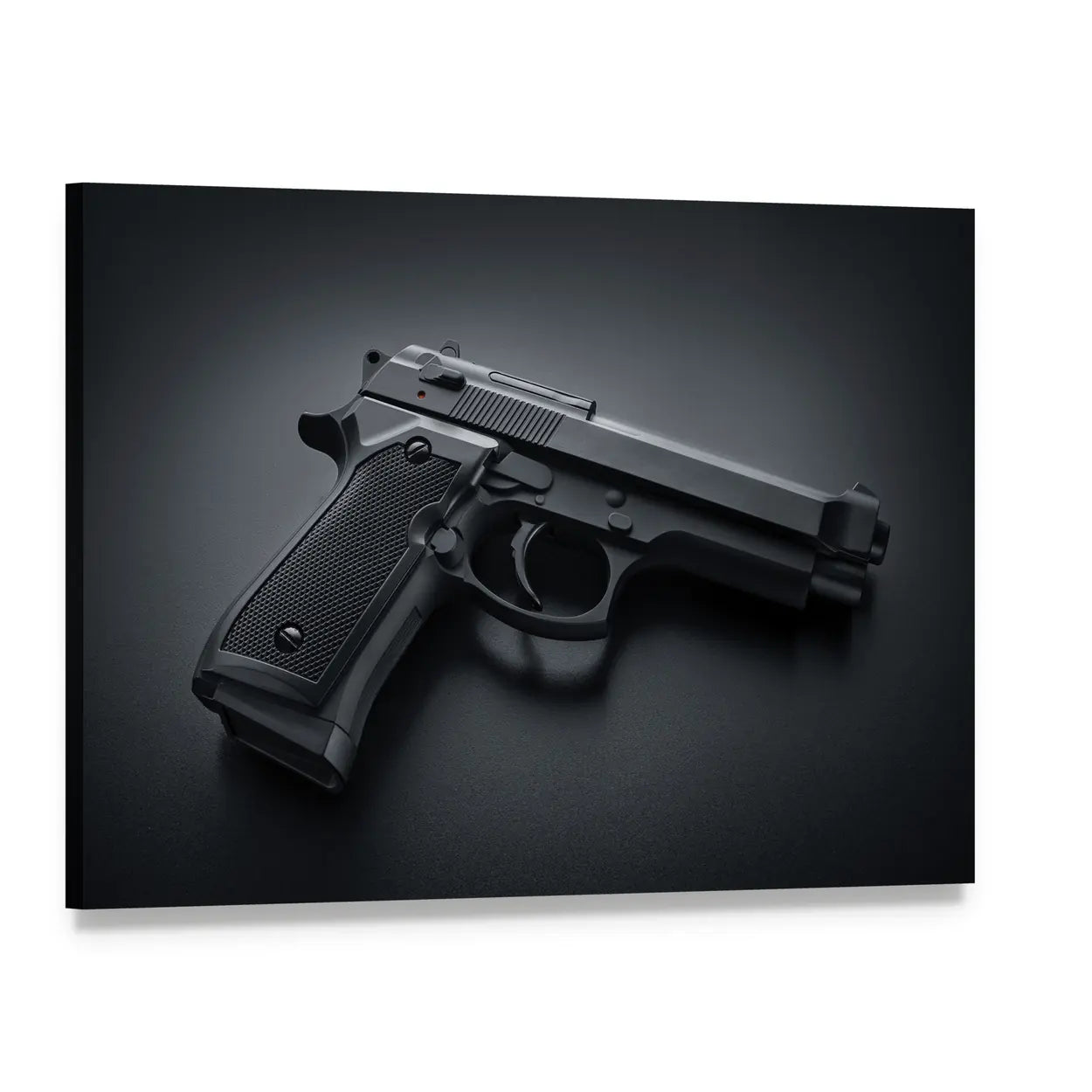 Black Semi-automatic Handgun Close-up Canvas Wall Art, single panel gallery wrapped canvas, angled product view
