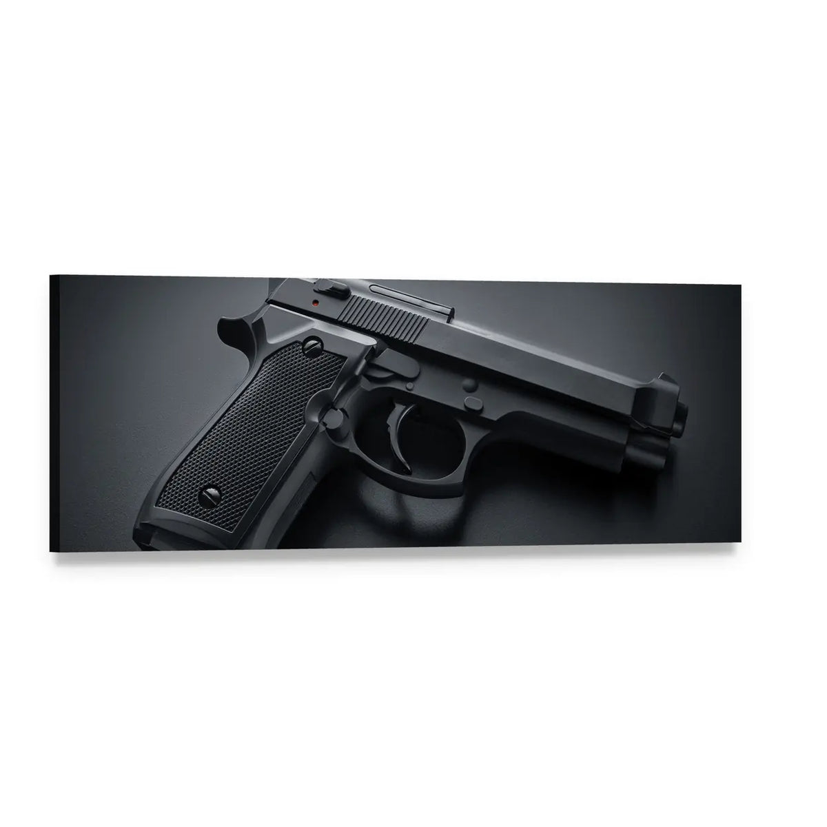 Semi-automatic Pistol Close-up Panoramic Canvas Wall Art, single panel gallery wrapped canvas, angled product view