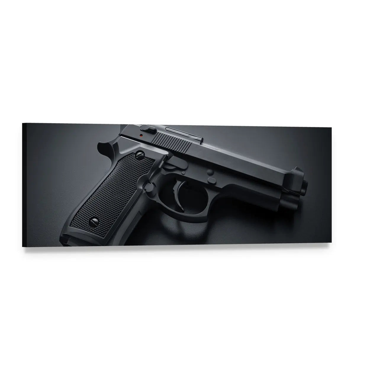 Semi-automatic Pistol Close-up Panoramic Canvas Wall Art, single panel gallery wrapped canvas, angled product view