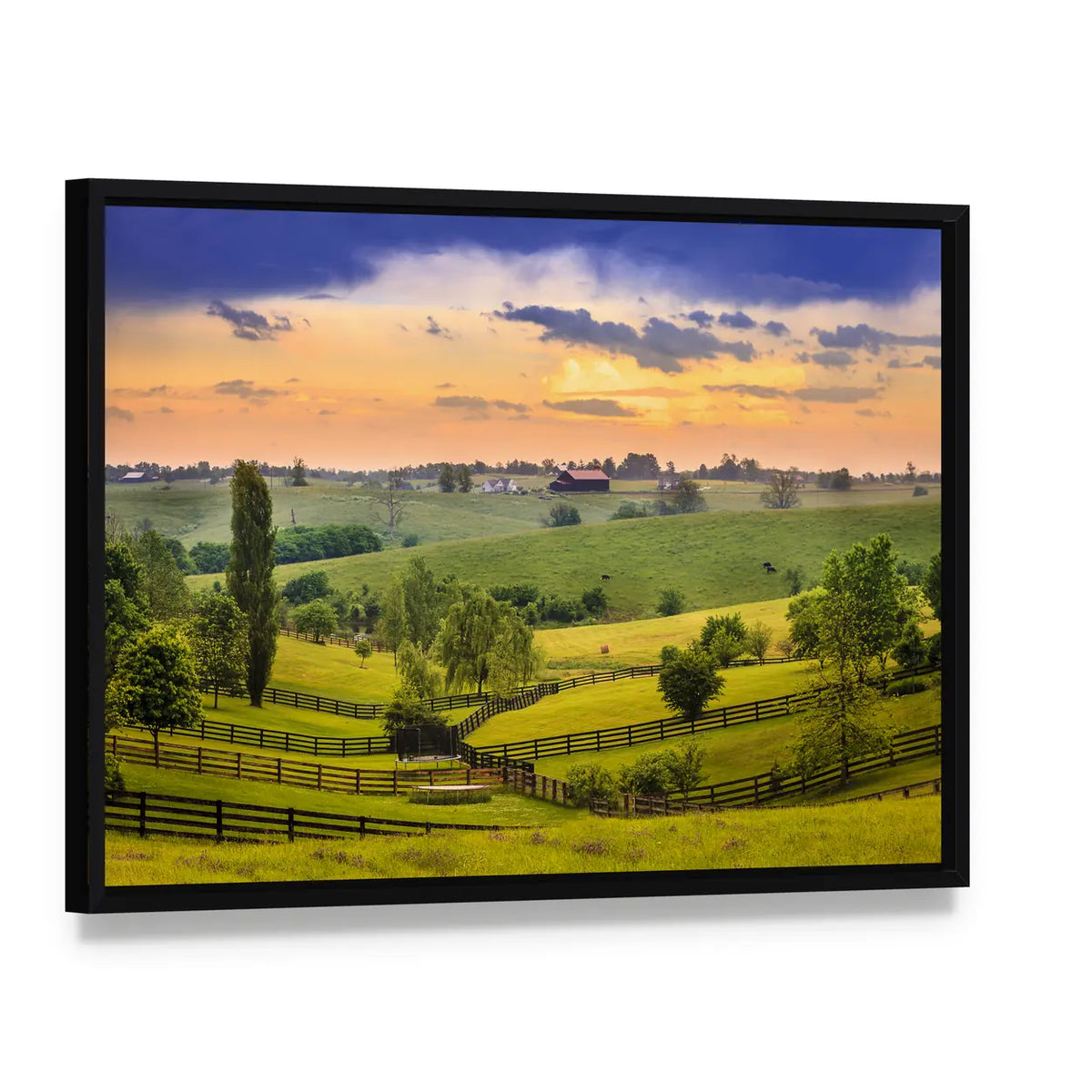 Kentucky Evening Farm Landscape Canvas Wall Art, framed canvas in a black floater frame, angled product view