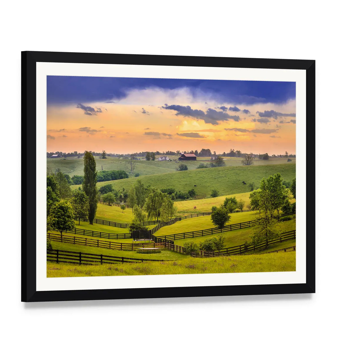 Kentucky Evening Farm Landscape Canvas Wall Art, framed print with white mat and black frame, angled product view