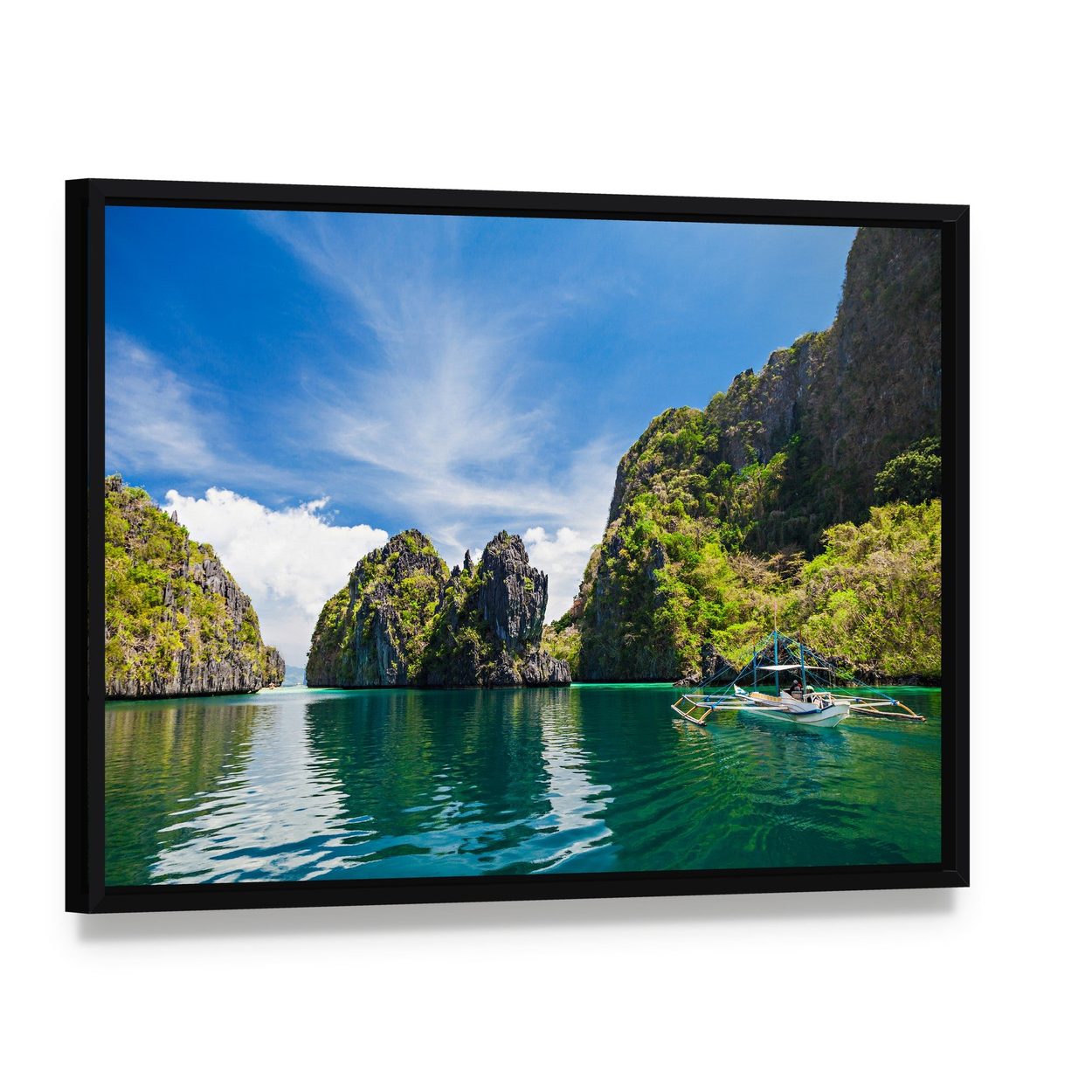 Scenic Philippine Island with Boat Canvas Wall Art, framed canvas in a black floater frame, angled product view
