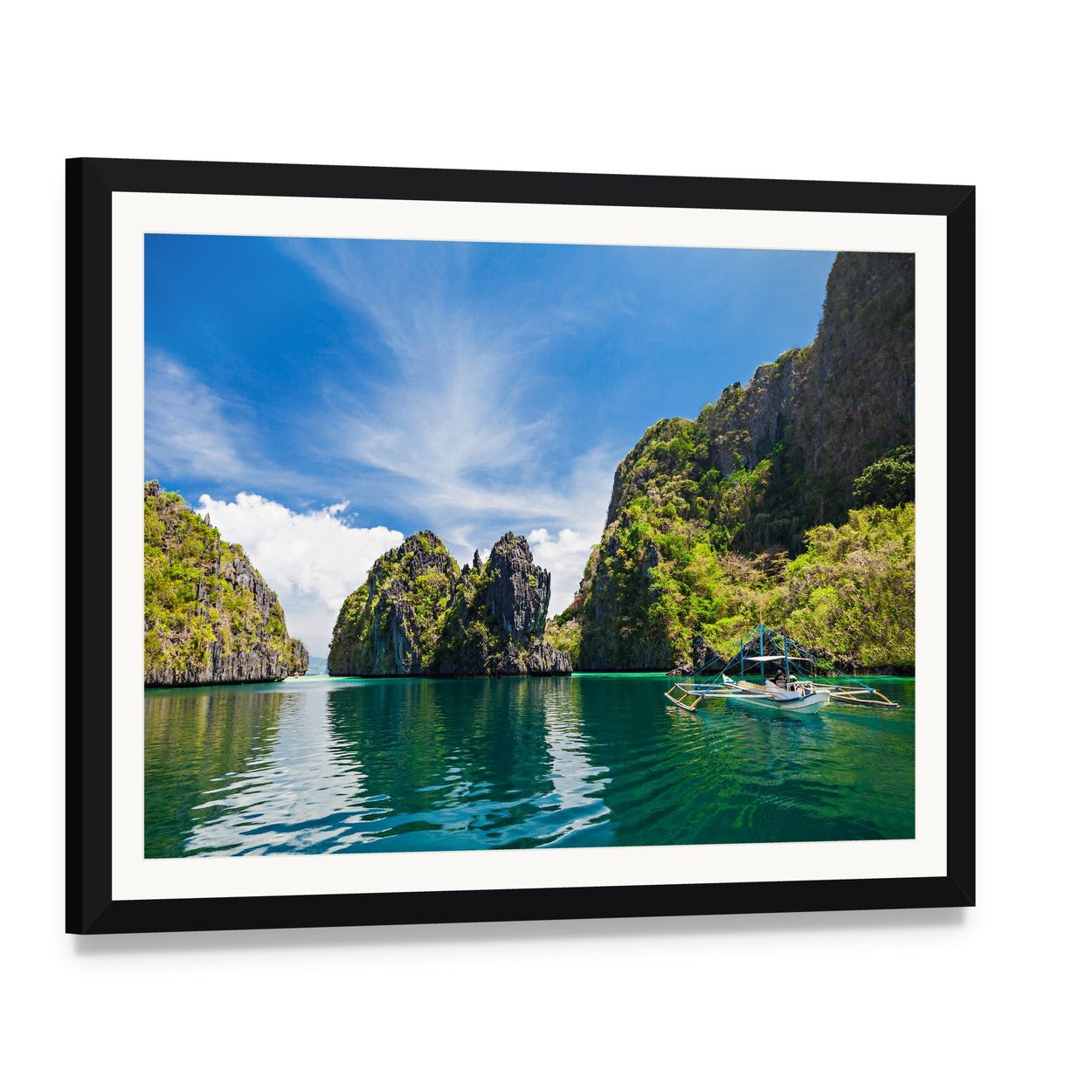 Scenic Philippine Island with Boat Canvas Wall Art, framed print with white mat and black frame, angled product view