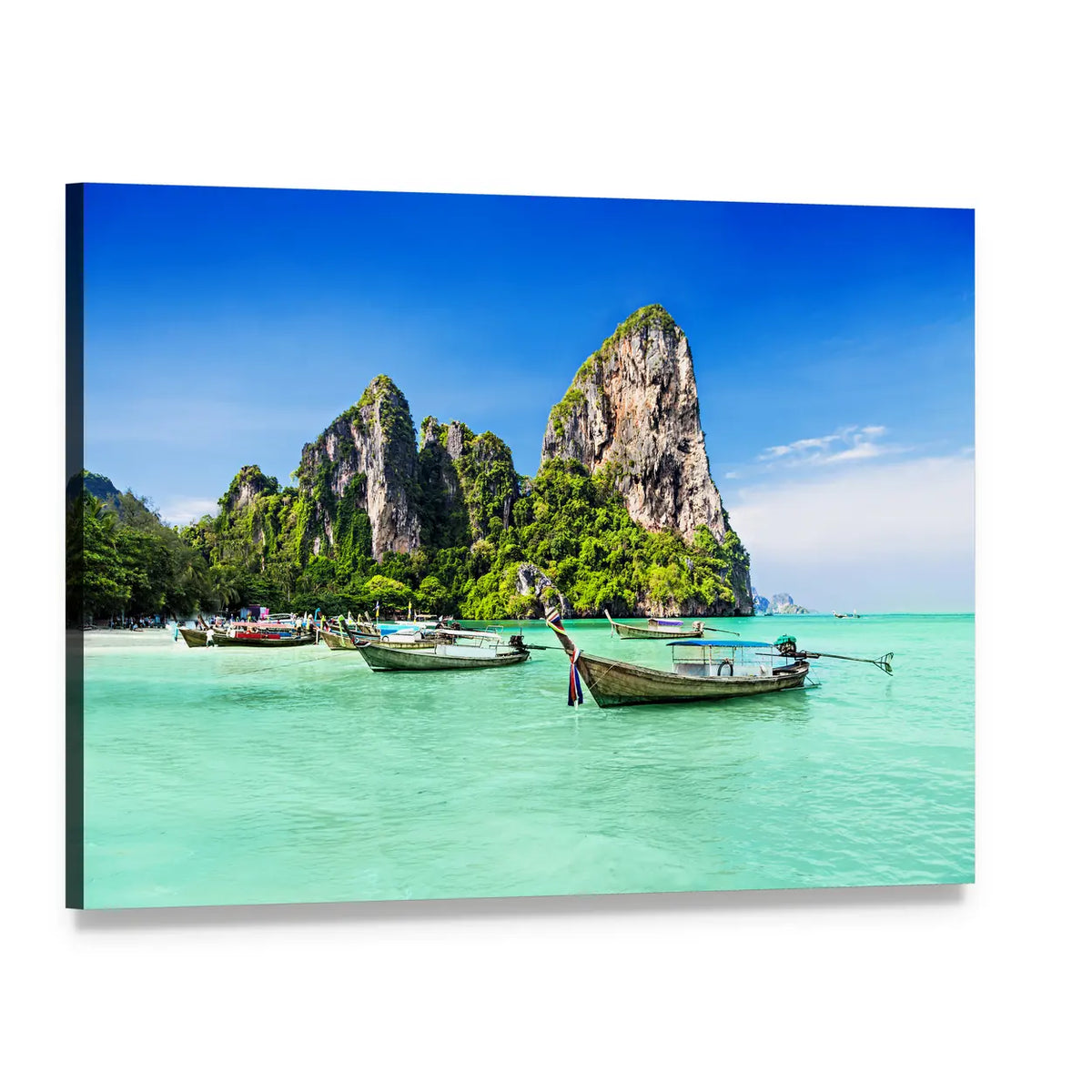 Thai Long-tail Boats and Limestone Cliffs Canvas Wall Art, single panel gallery wrapped canvas, angled product view