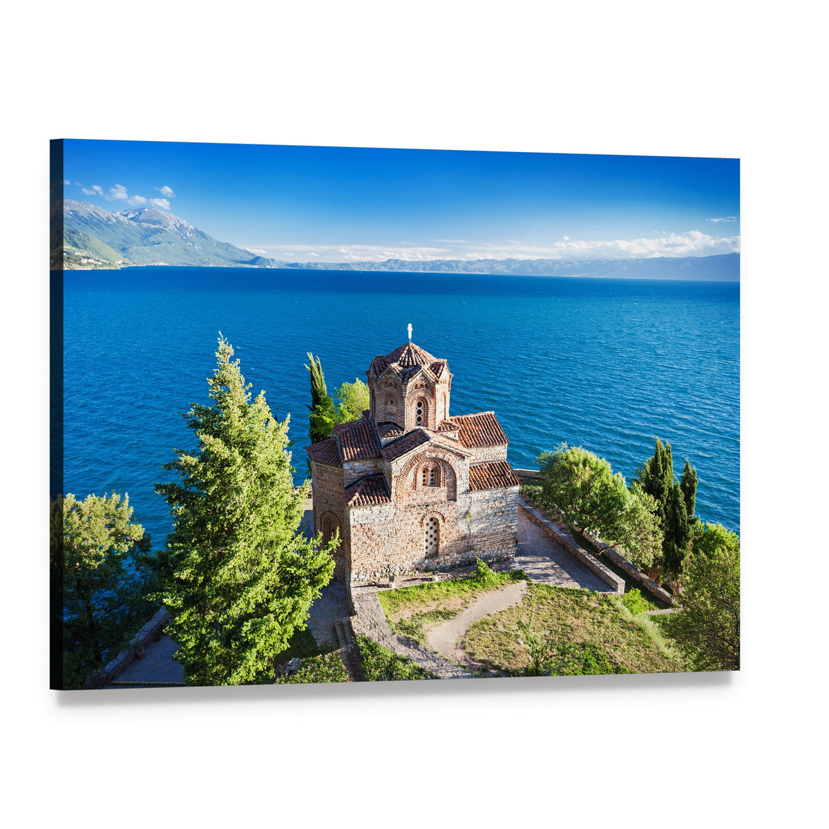 St John Kaneo Church on Ohrid Lake Canvas Wall Art, single panel gallery wrapped canvas, angled product view