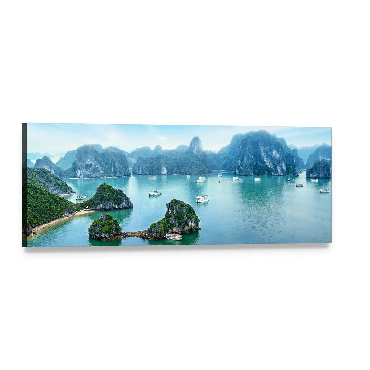 Ha Long Bay Emerald Waters and Limestone Karsts Panoramic Canvas Wall Art, single panel gallery wrapped canvas, angled product view