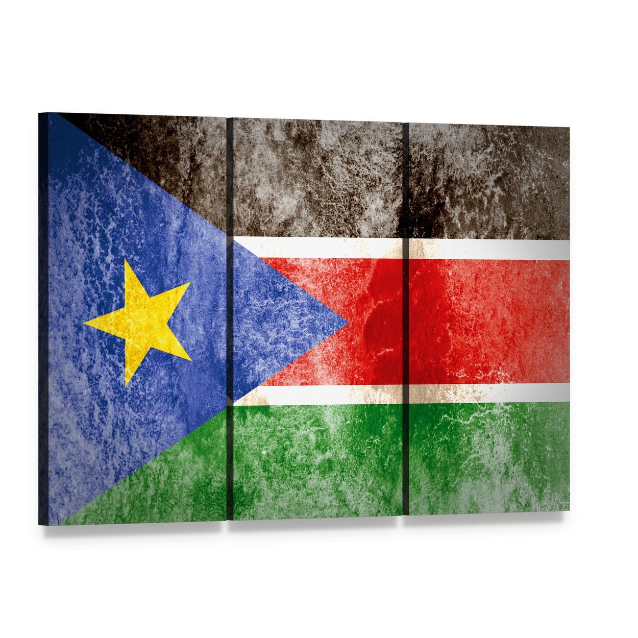 South Sudan Flag on Grunge Paper Canvas Wall Art, 3 panel 3 Horizontal layout gallery wrapped canvas set, angled product view