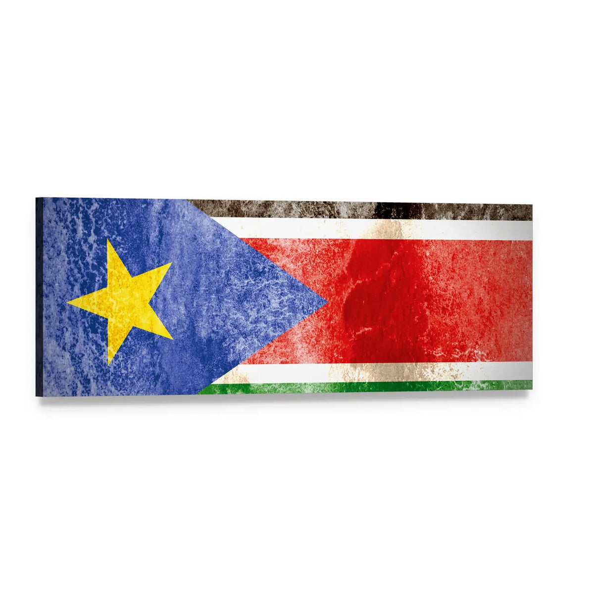 Weathered South Sudan Flag Panoramic Canvas Wall Art, single panel gallery wrapped canvas, angled product view