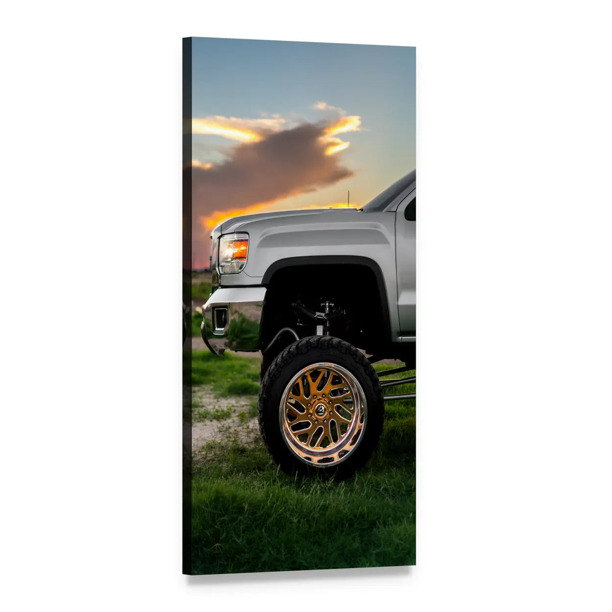 Off-road Truck at Golden Hour Vertical Canvas Wall Art, 1 panel 1 Vertical layout gallery wrapped canvas set, angled product view