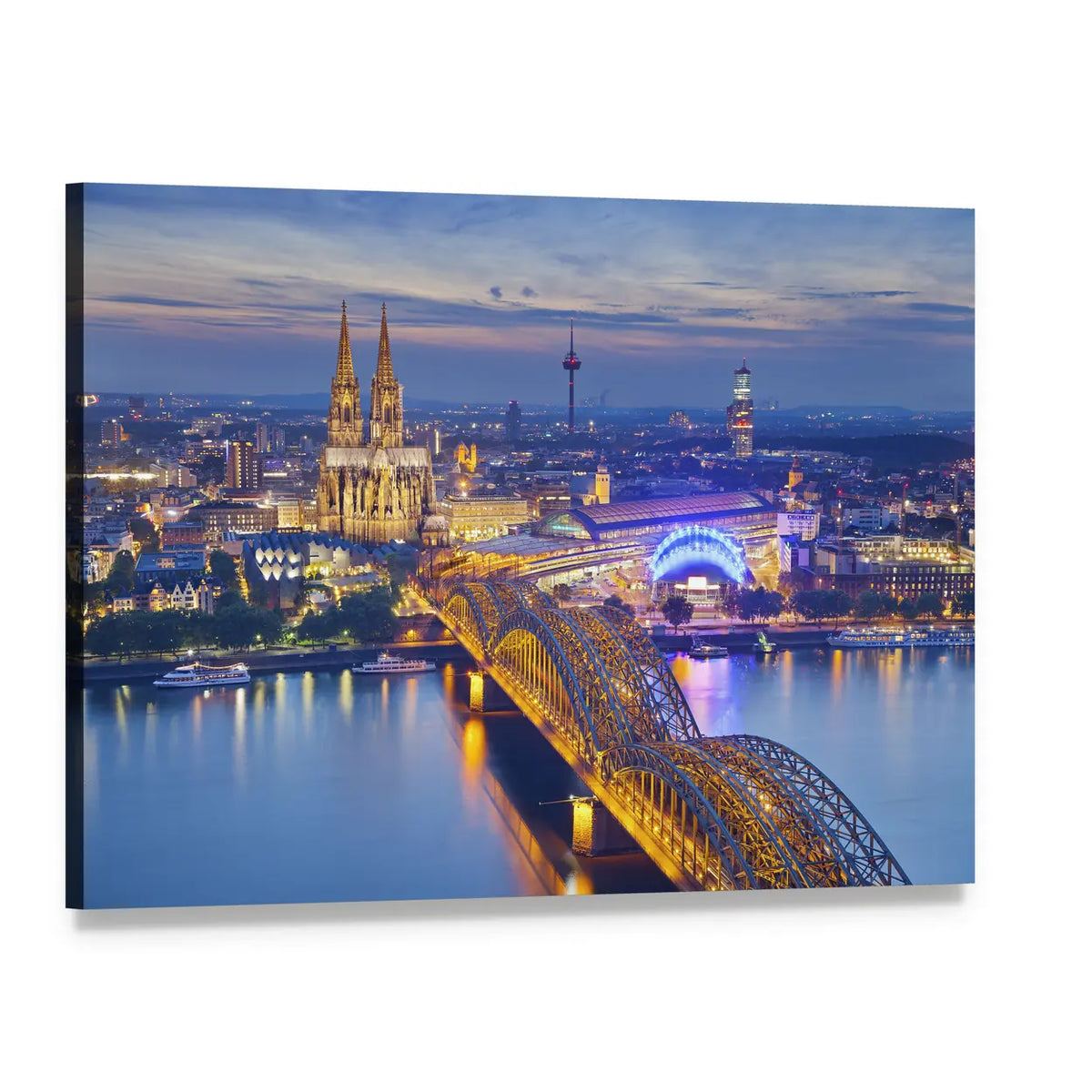 Cologne Cathedral and Hohenzollern Bridge at Dusk Canvas Wall Art, single panel gallery wrapped canvas, angled product view