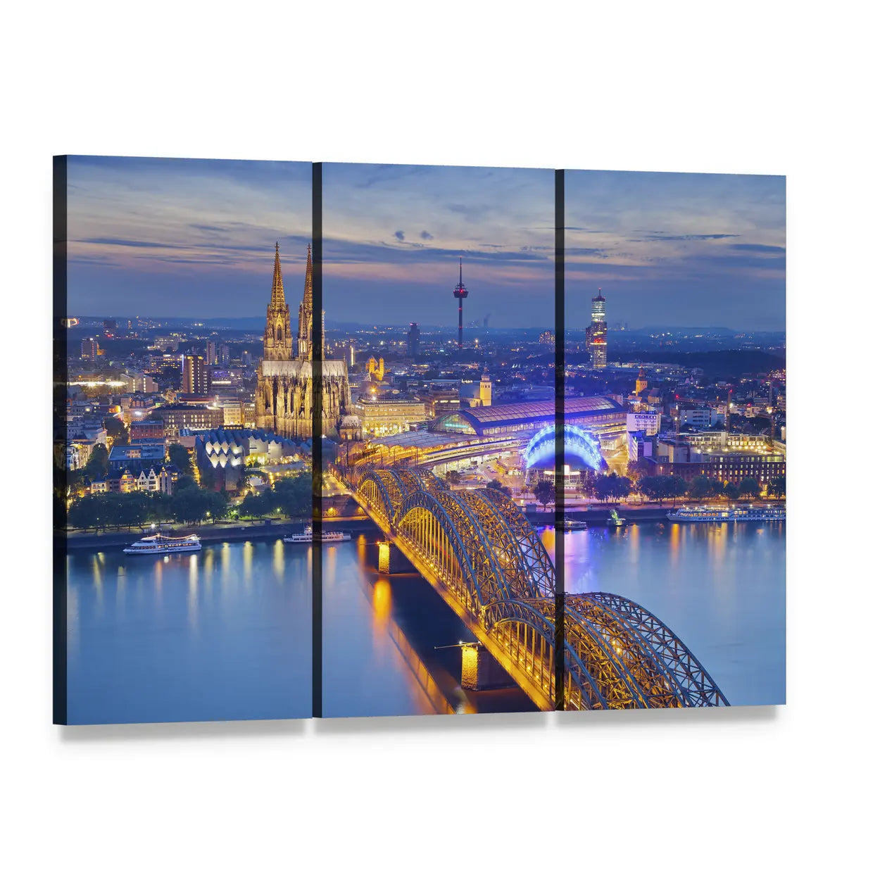 Cologne Cathedral and Hohenzollern Bridge at Dusk Canvas Wall Art, 3 panel 3 Horizontal layout gallery wrapped canvas set, angled product view