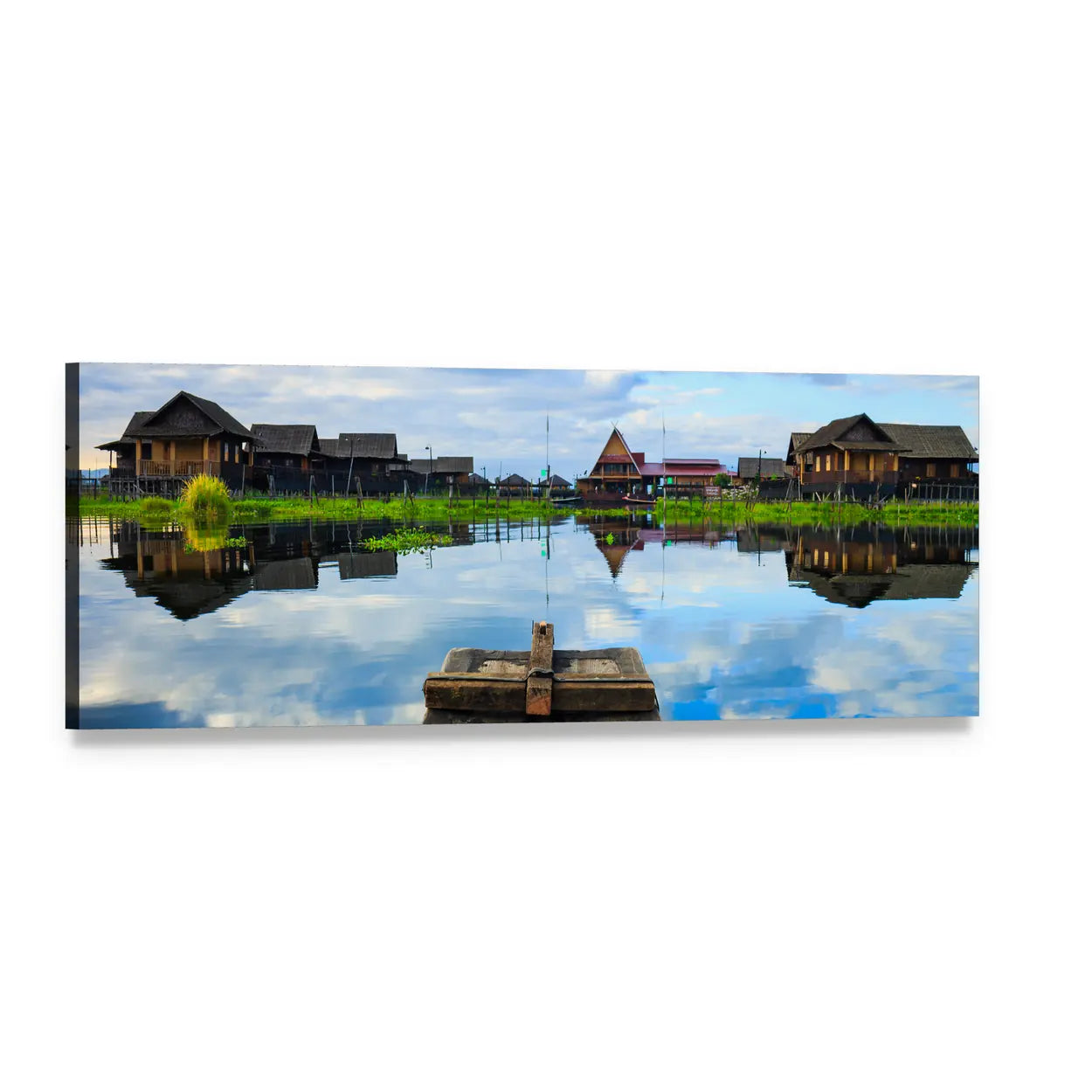 Boat Among Stilt Houses and Reflections Panoramic Canvas Wall Art, single panel gallery wrapped canvas, angled product view