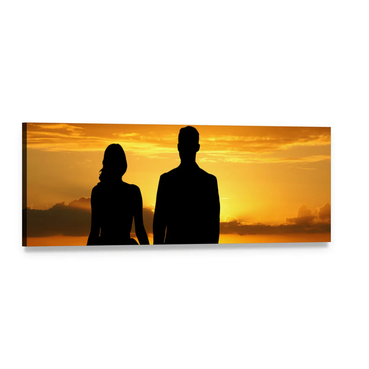 Bride and Groom Silhouette at Golden Sunset Panoramic Canvas Wall Art, single panel gallery wrapped canvas, angled product view