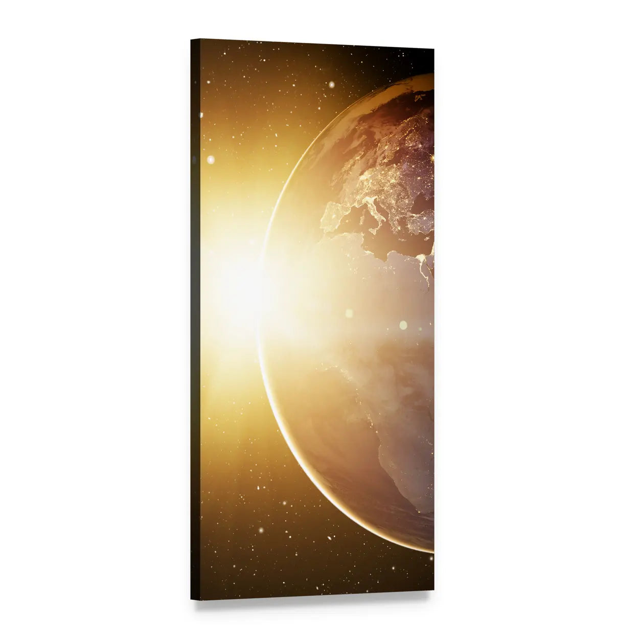 Sunrise Over Earth with City Lights Vertical Canvas Wall Art, 1 panel 1 Vertical layout gallery wrapped canvas set, angled product view