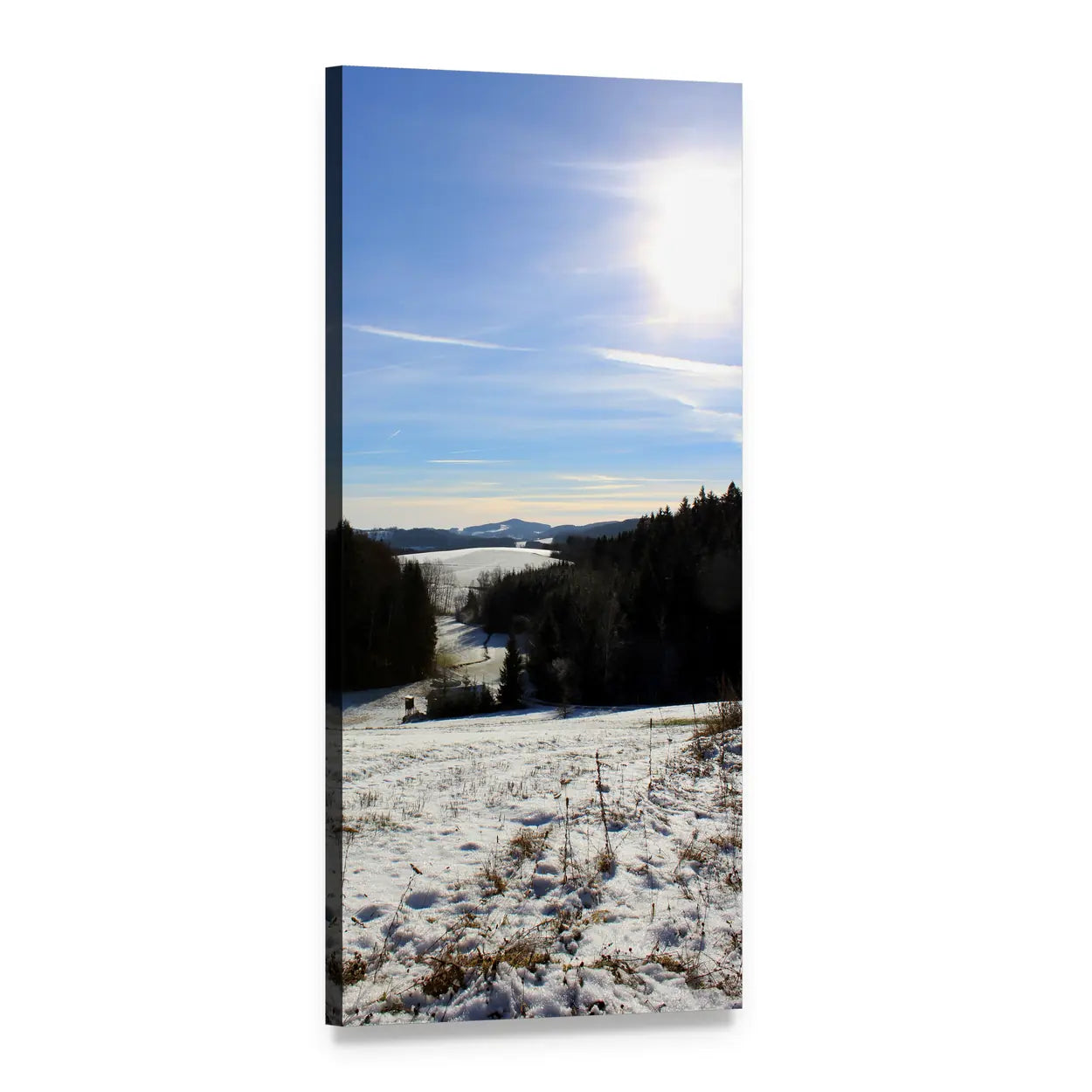 Sunlit Snowy Hillside with Frozen Lake Vertical Canvas Wall Art, 1 panel 1 Vertical layout gallery wrapped canvas set, angled product view