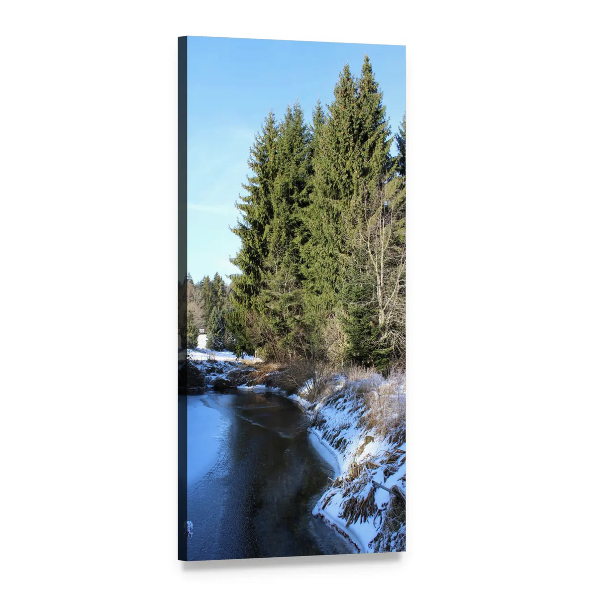 Partially Frozen River in Bavaria Vertical Canvas Wall Art, 1 panel 1 Vertical layout gallery wrapped canvas set, angled product view