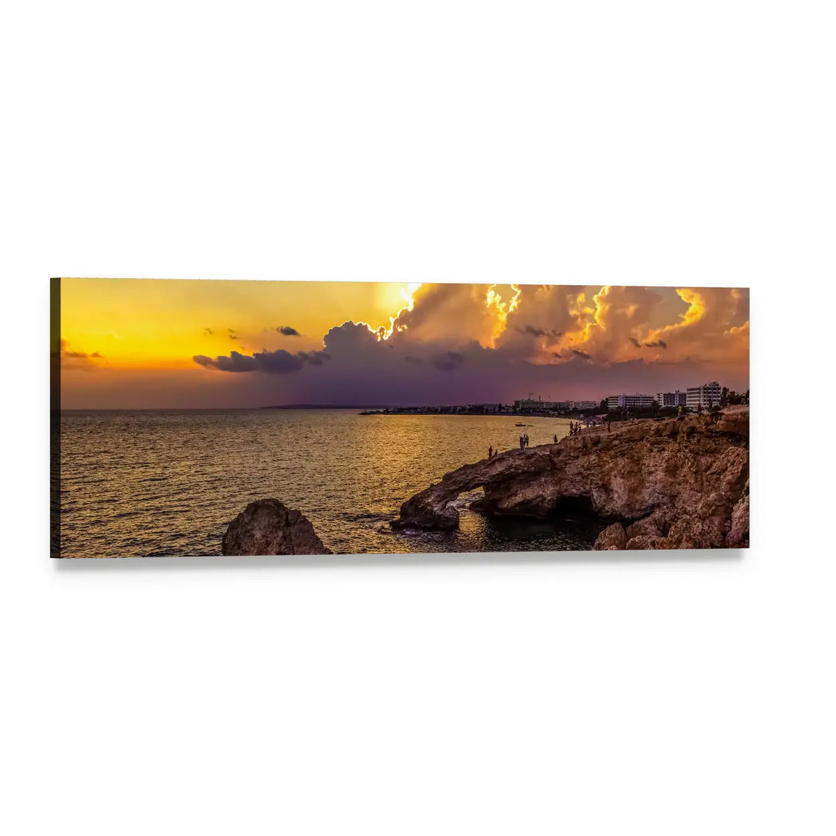 Cyprus Coastal Sunset with Rock Arch Panoramic Canvas Wall Art, single panel gallery wrapped canvas, angled product view