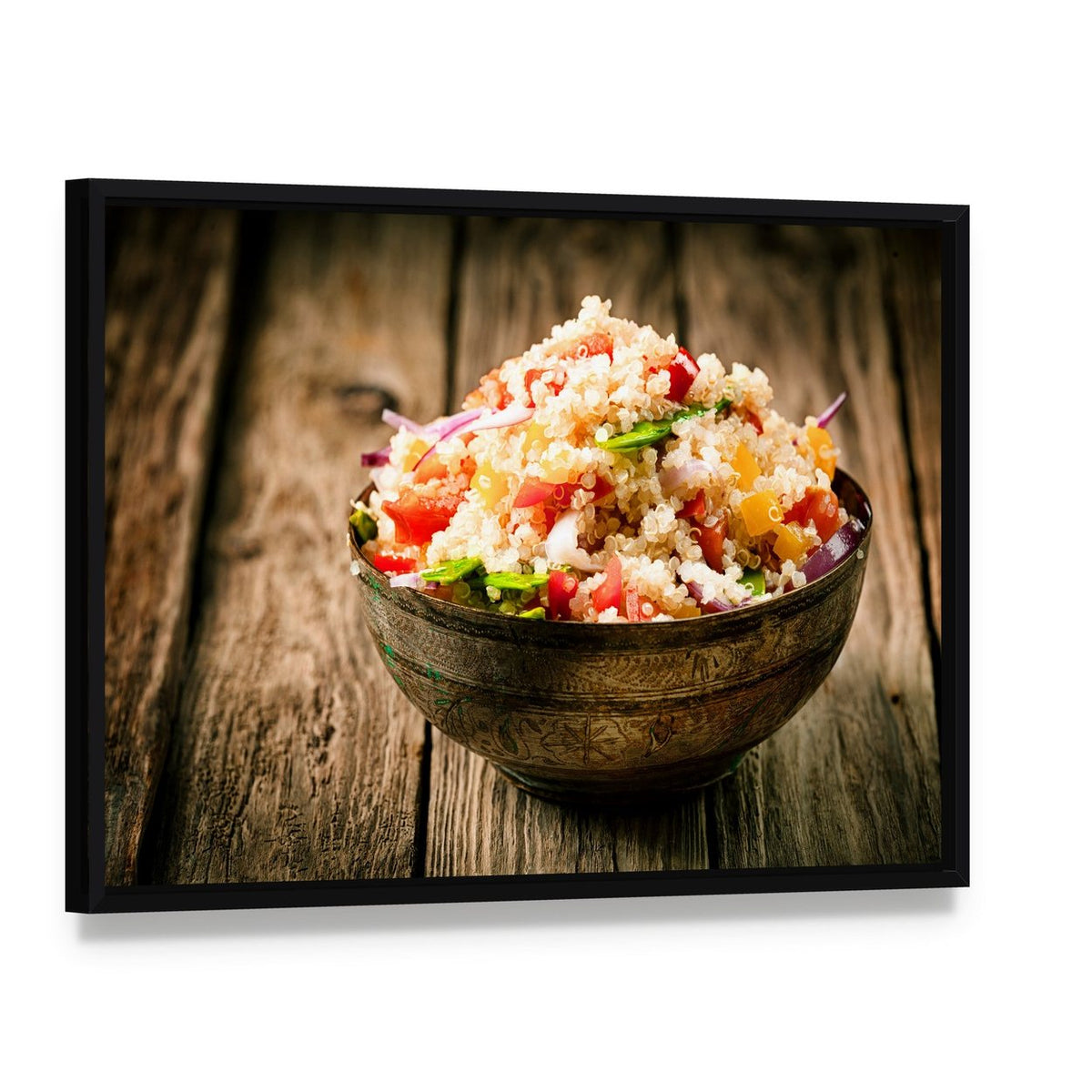 Heaped Rustic Bowl Canvas Wall Art, framed canvas in a black floater frame, angled product view