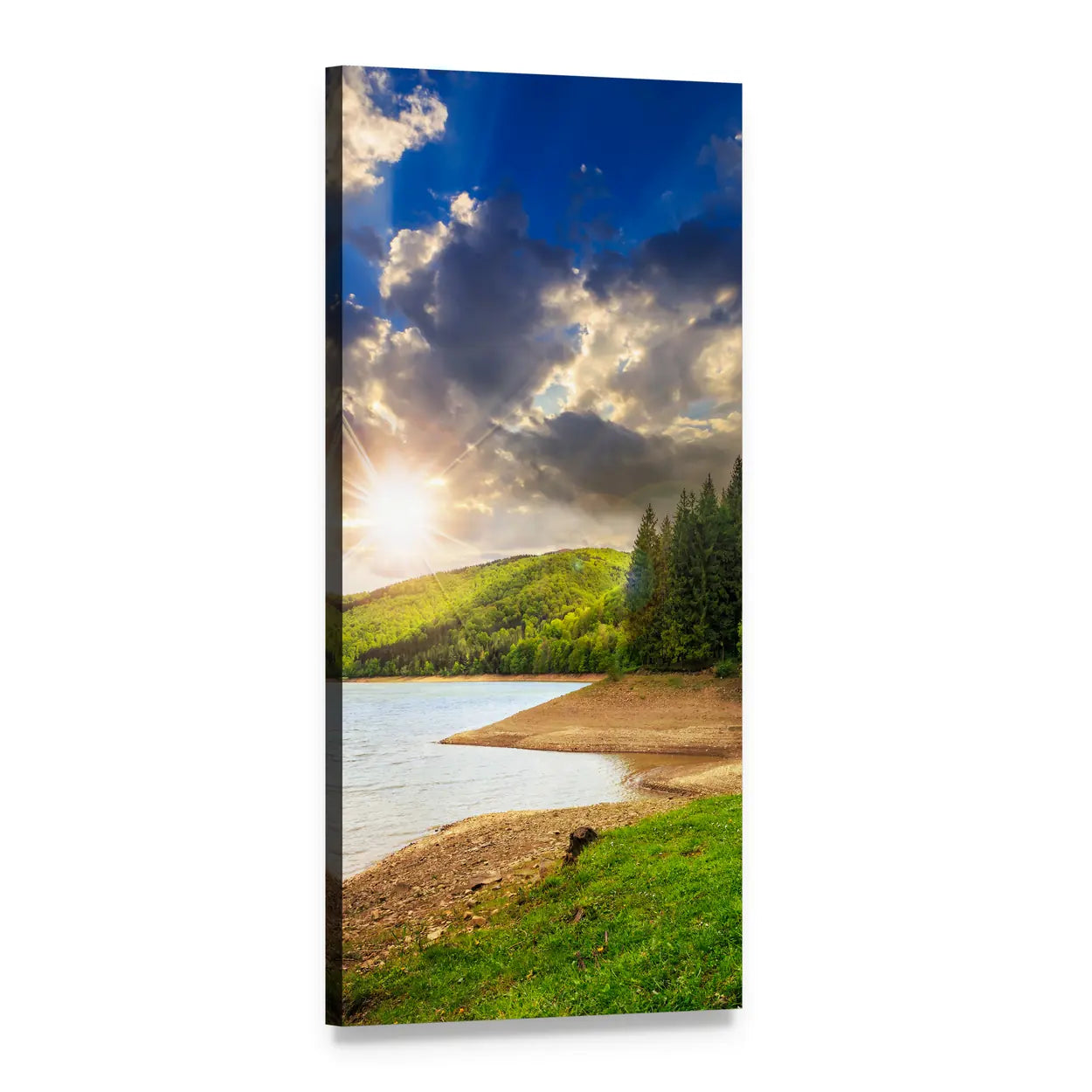 Lake Shoreline with Pine Trees Vertical Canvas Wall Art, 1 panel 1 Vertical layout gallery wrapped canvas set, angled product view