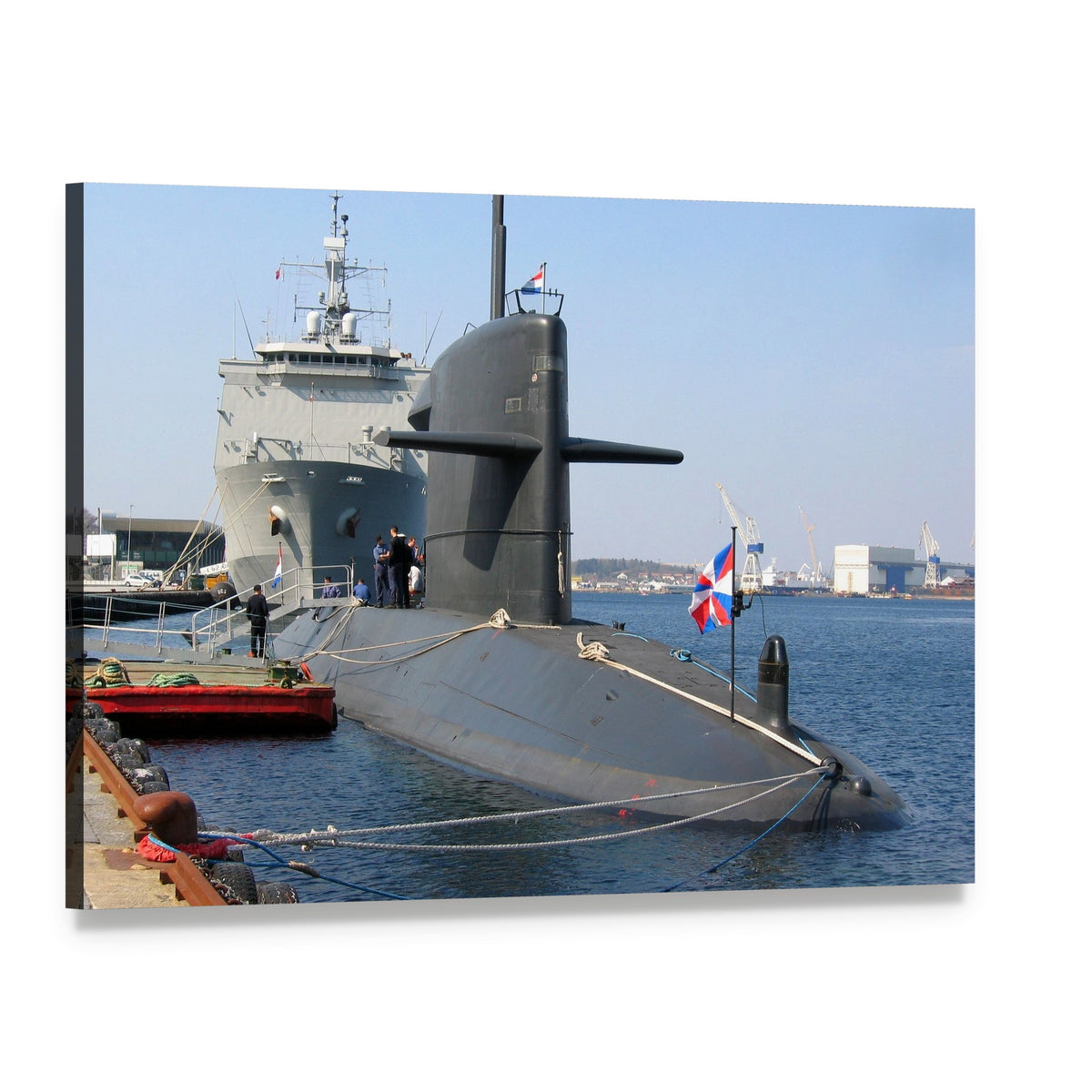 Docked Submarine Canvas Wall Art, single panel gallery wrapped canvas, angled product view