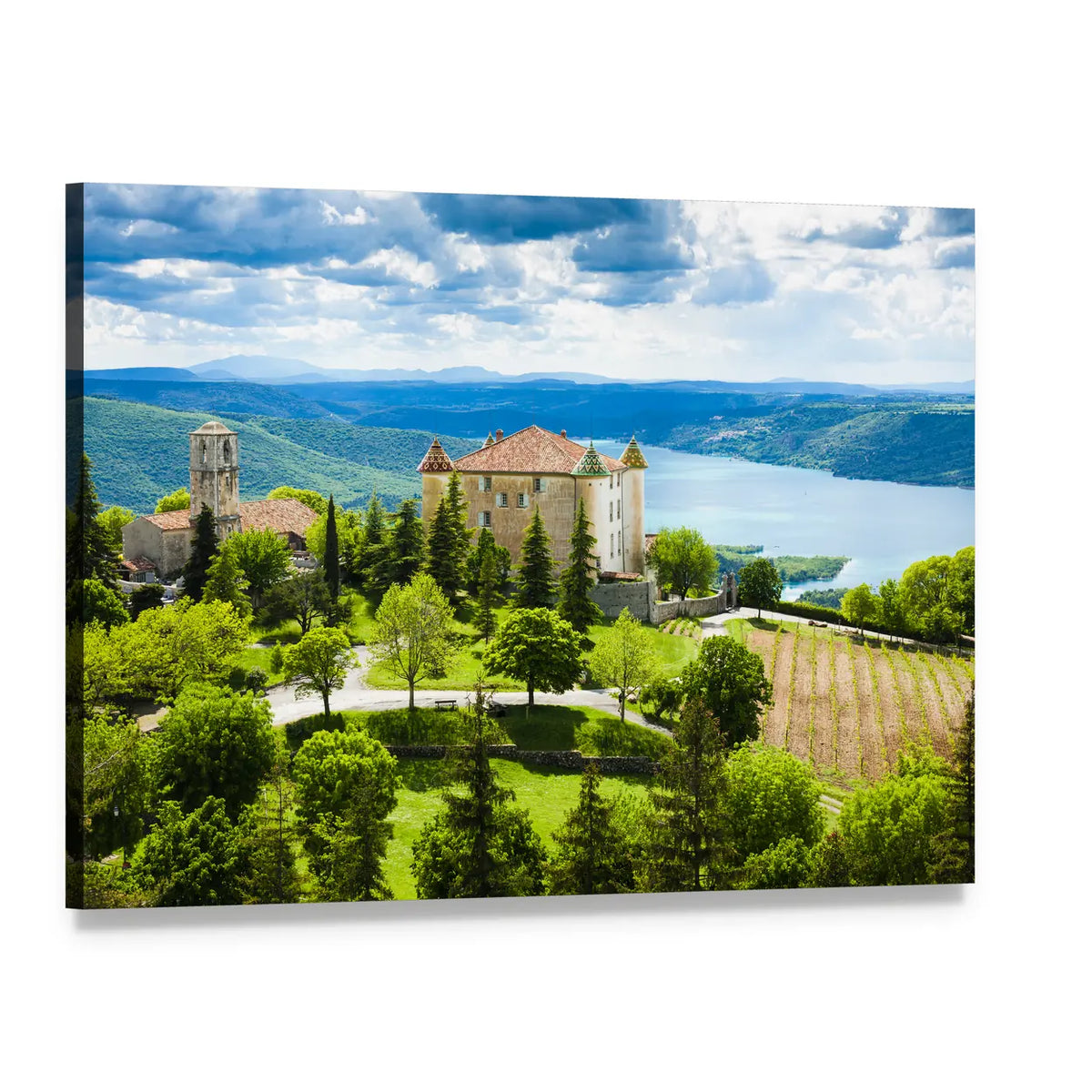 Church Tower Over Lake and Rolling Hills Canvas Wall Art, single panel gallery wrapped canvas, angled product view