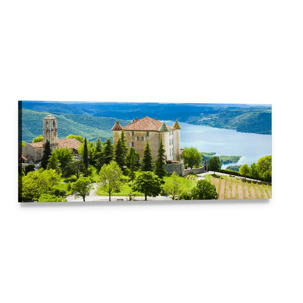 Hilltop Church Over Lake and Vineyard Panoramic Canvas Wall Art, single panel gallery wrapped canvas, angled product view