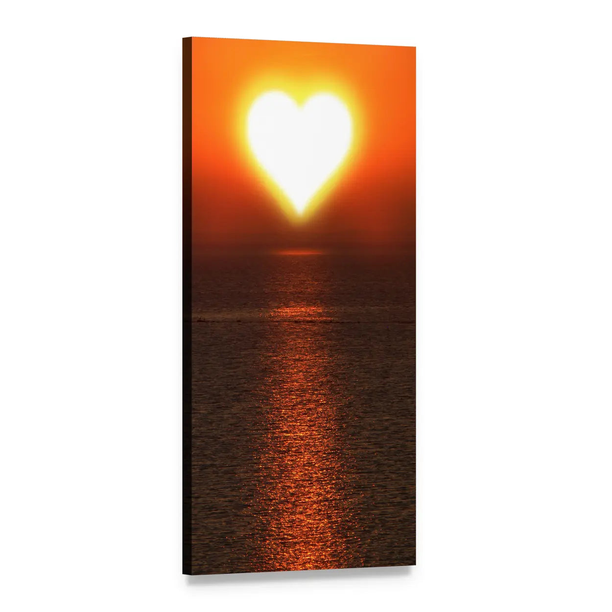 Heart-shaped Sun Over Ocean at Sunset Vertical Canvas Wall Art, 1 panel 1 Vertical layout gallery wrapped canvas set, angled product view