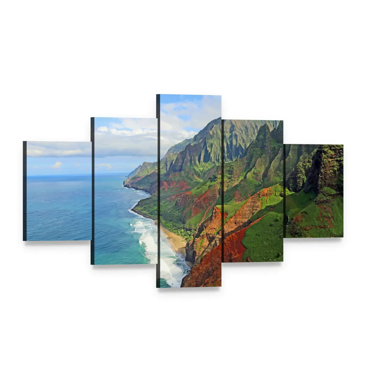 Na Pali Coast Aerial Cliffs and Ocean Canvas Wall Art, 5 panel 5 Star layout gallery wrapped canvas set, angled product view