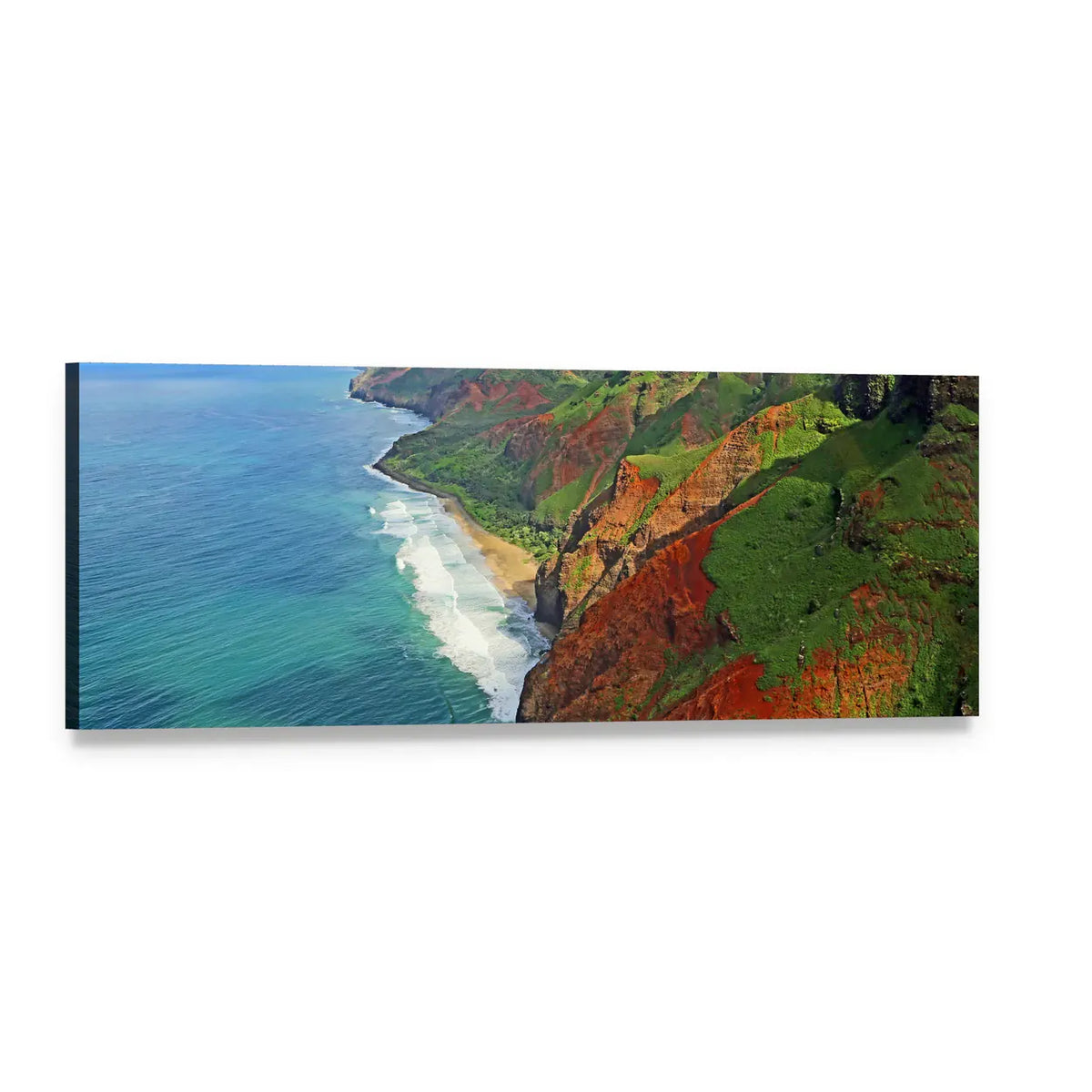 Na Pali Coast Cliffs and Shoreline Panoramic Canvas Wall Art, single panel gallery wrapped canvas, angled product view