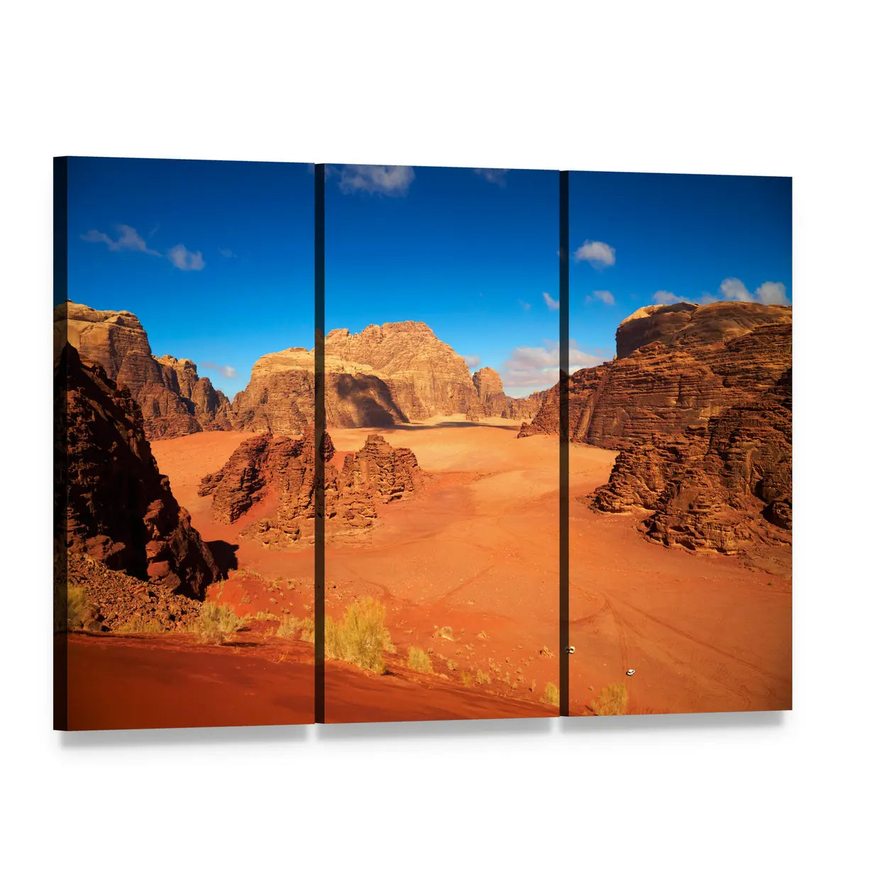 Wadi Rum Desert Landscape Canvas Wall Art, 3 panel 3 Horizontal layout gallery wrapped canvas set, angled product view
