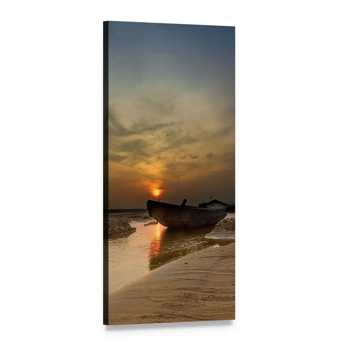 Wooden Boat at Sunset on Sandy Beach Vertical Canvas Wall Art, 1 panel 1 Vertical layout gallery wrapped canvas set, angled product view