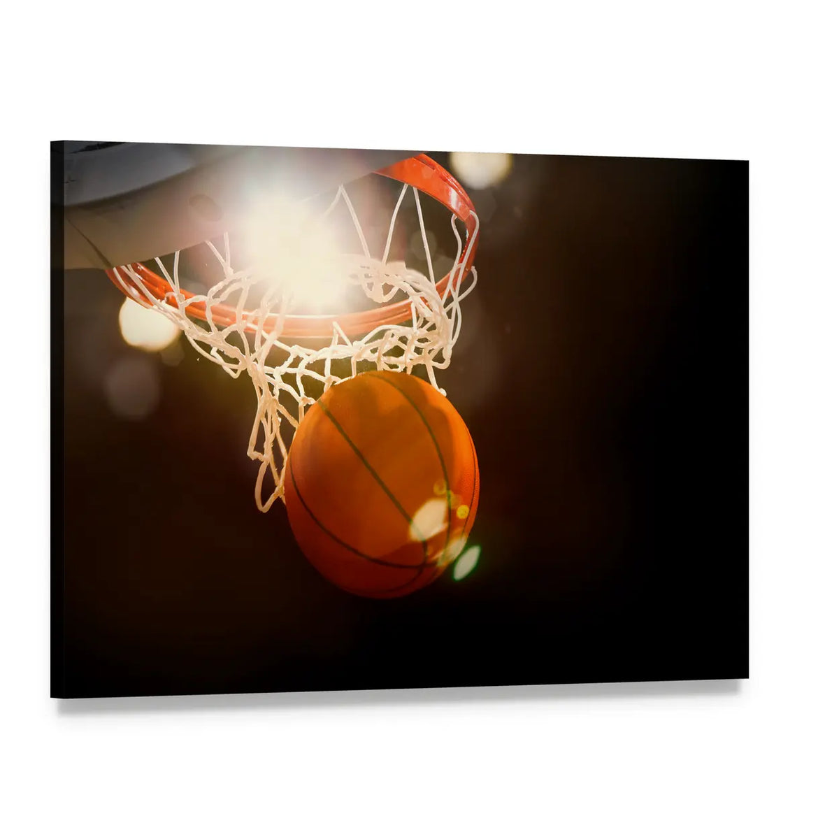 Basketball Entering Net Canvas Wall Art, single panel gallery wrapped canvas, angled product view