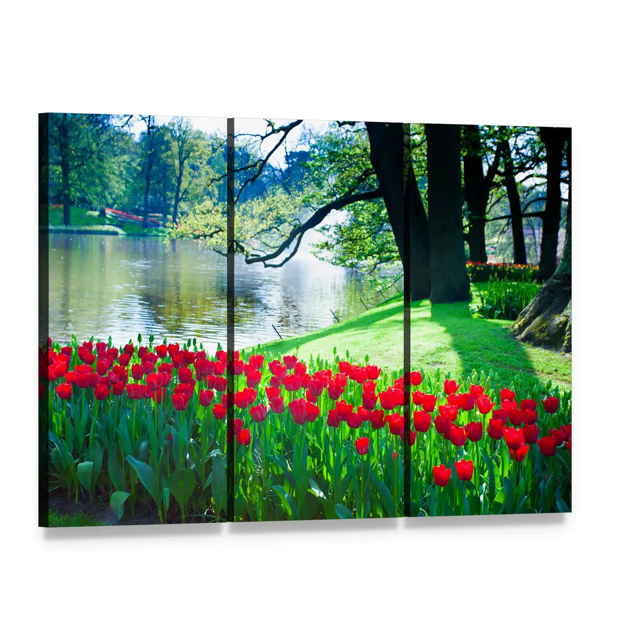 Red Tulip Garden by the Lake Canvas Wall Art, 3 panel 3 Horizontal layout gallery wrapped canvas set, angled product view