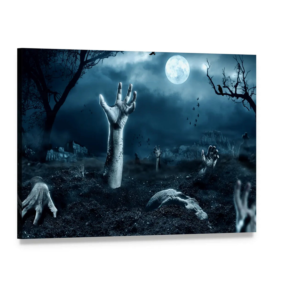 Zombie Hands Rising from Graveyard Canvas Wall Art, single panel gallery wrapped canvas, angled product view