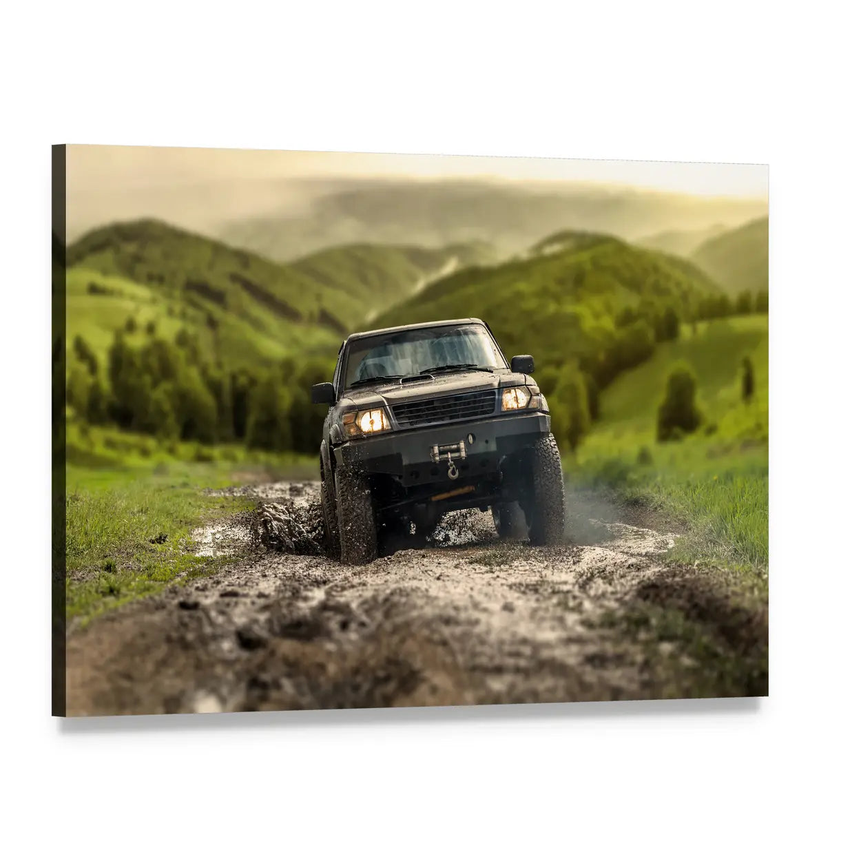 4x4 Crossing Muddy Trail Canvas Wall Art, single panel gallery wrapped canvas, angled product view