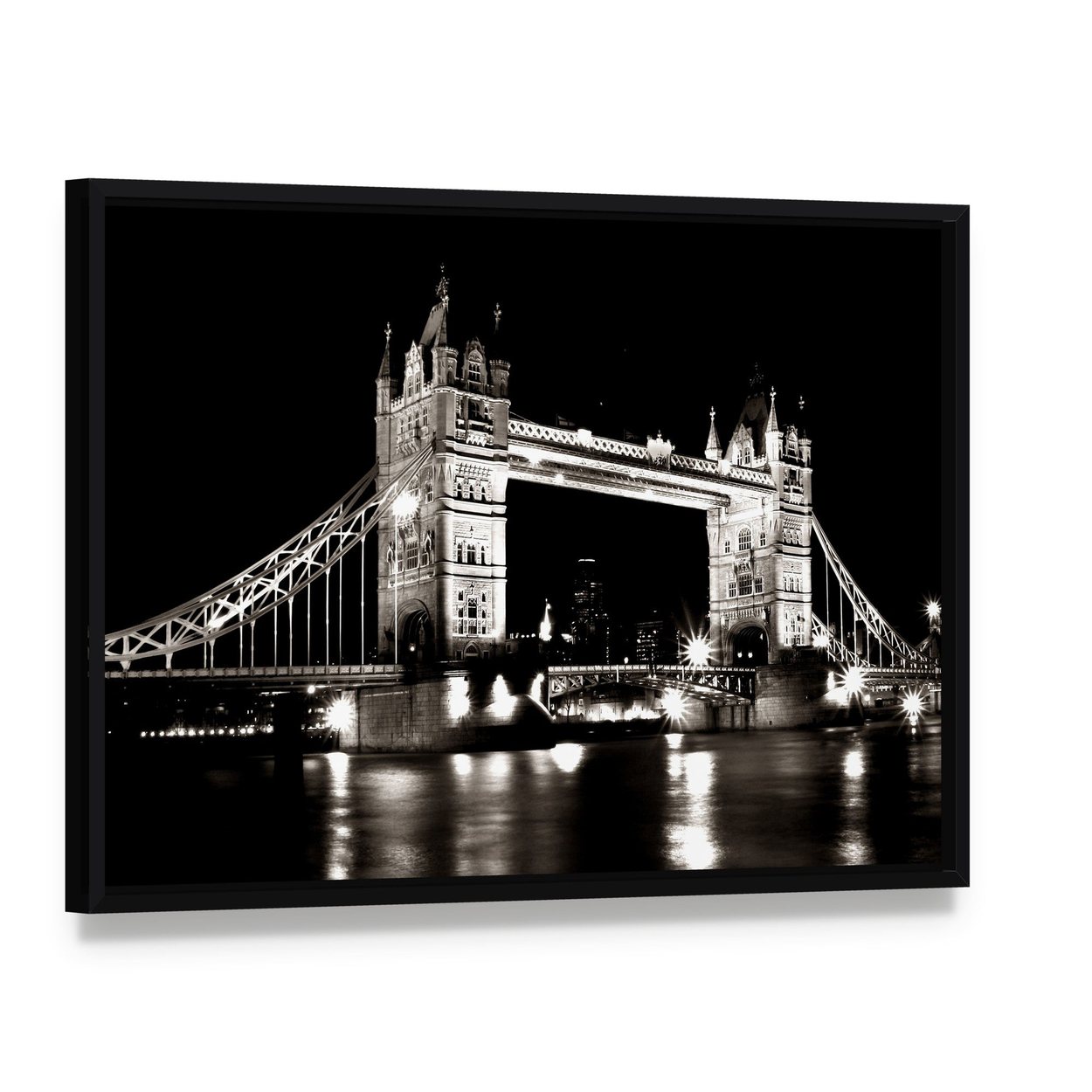 Tower Bridge Night View Canvas Wall Art, framed canvas in a black floater frame, angled product view