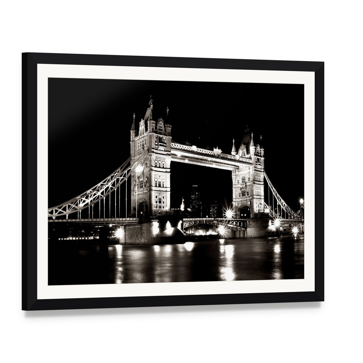 Tower Bridge Night View Canvas Wall Art, framed print with white mat and black frame, angled product view