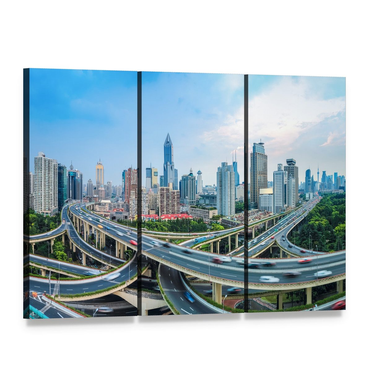 Shanghai Cityscape with Elevated Roads and Blue Sky Canvas Wall Art, 3 panel 3 Horizontal layout gallery wrapped canvas set, angled product view