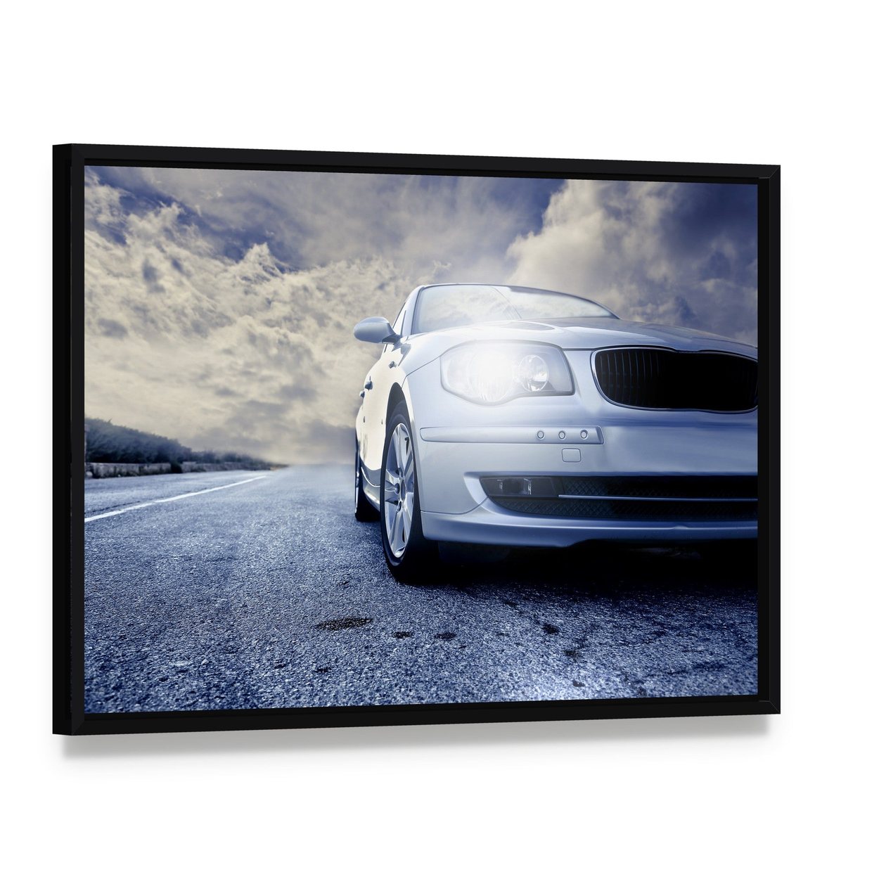 Car on Road Canvas Wall Art, framed canvas in a black floater frame, angled product view