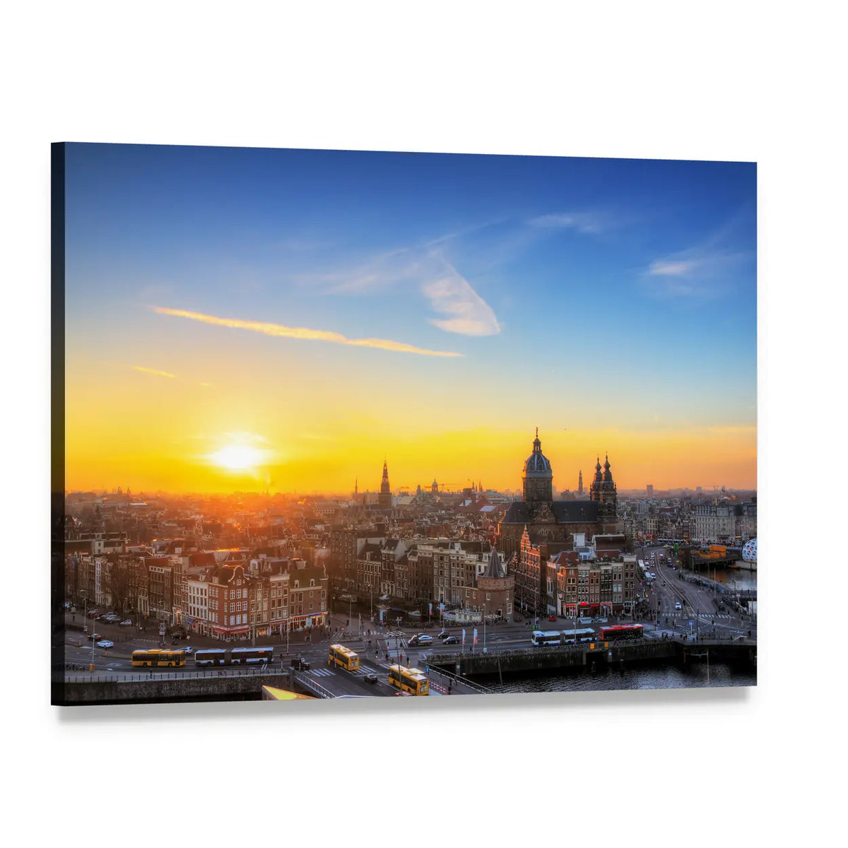 Amsterdam Skyline at Sunset Canvas Wall Art, single panel gallery wrapped canvas, angled product view
