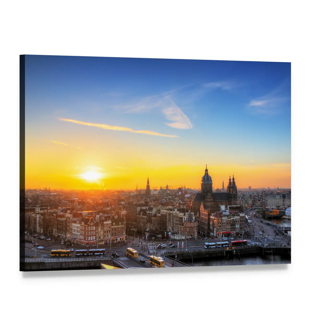 Amsterdam Skyline at Sunset Canvas Wall Art, single panel gallery wrapped canvas, angled product view