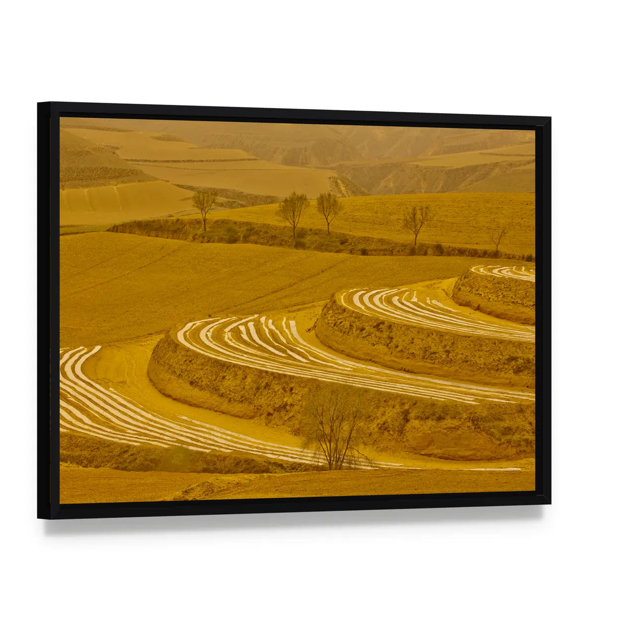 Loess Plateau Terraced Fields Canvas Wall Art, framed canvas in a black floater frame, angled product view