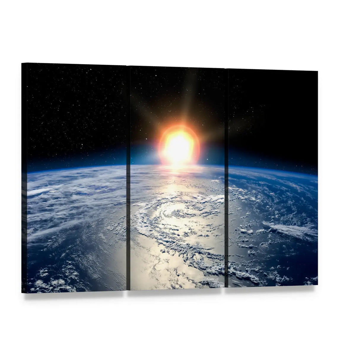 Shining Sun on Planet Earth Canvas Wall Art, 3 panel 3 Horizontal layout gallery wrapped canvas set, angled product view