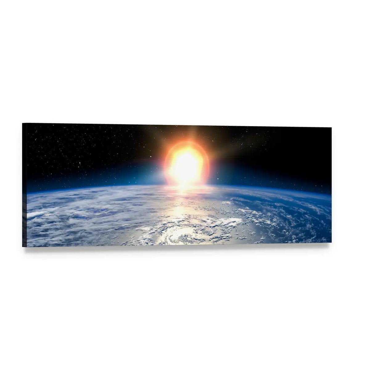 Sunrise Over Earth from Space Panoramic Canvas Wall Art, single panel gallery wrapped canvas, angled product view