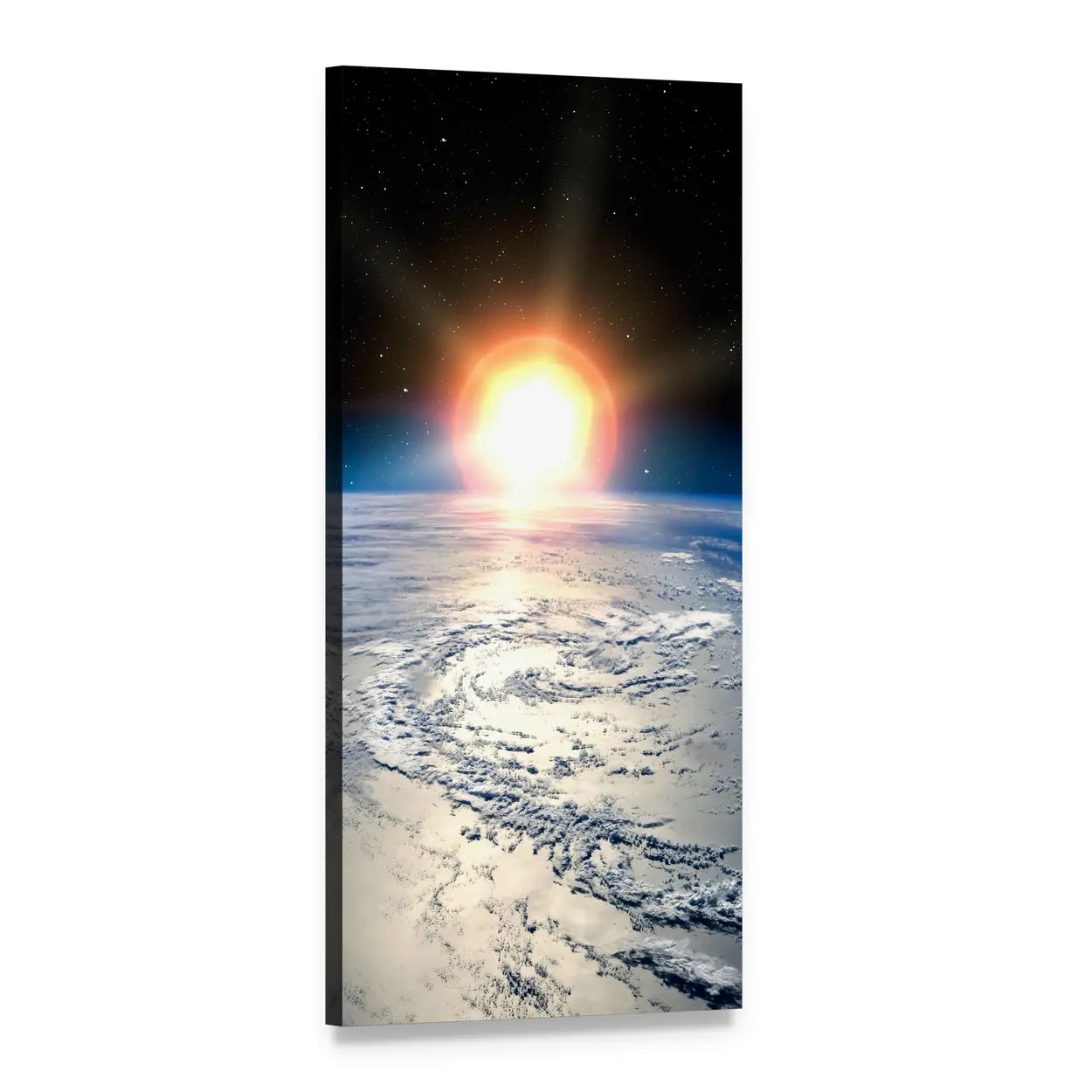 Shining Sun on Planet Earth Vertical Canvas Wall Art, 1 panel 1 Vertical layout gallery wrapped canvas set, angled product view
