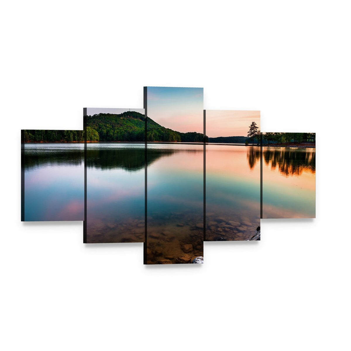 Lake Allatoona Sunrise Canvas Wall Art, 5 panel 5 Star layout gallery wrapped canvas set, angled product view