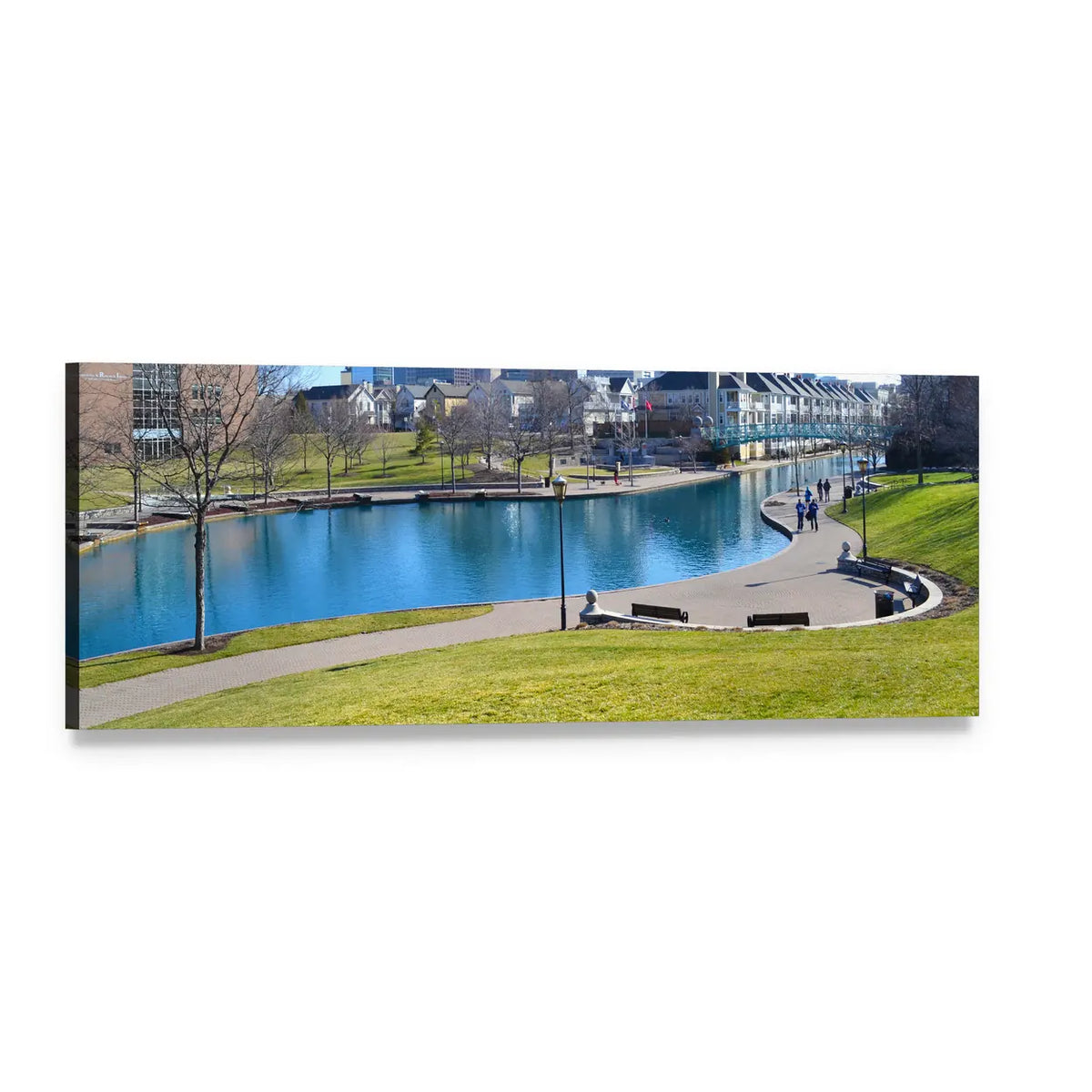 Indiana Canal and Skyline Panoramic Canvas Wall Art, single panel gallery wrapped canvas, angled product view