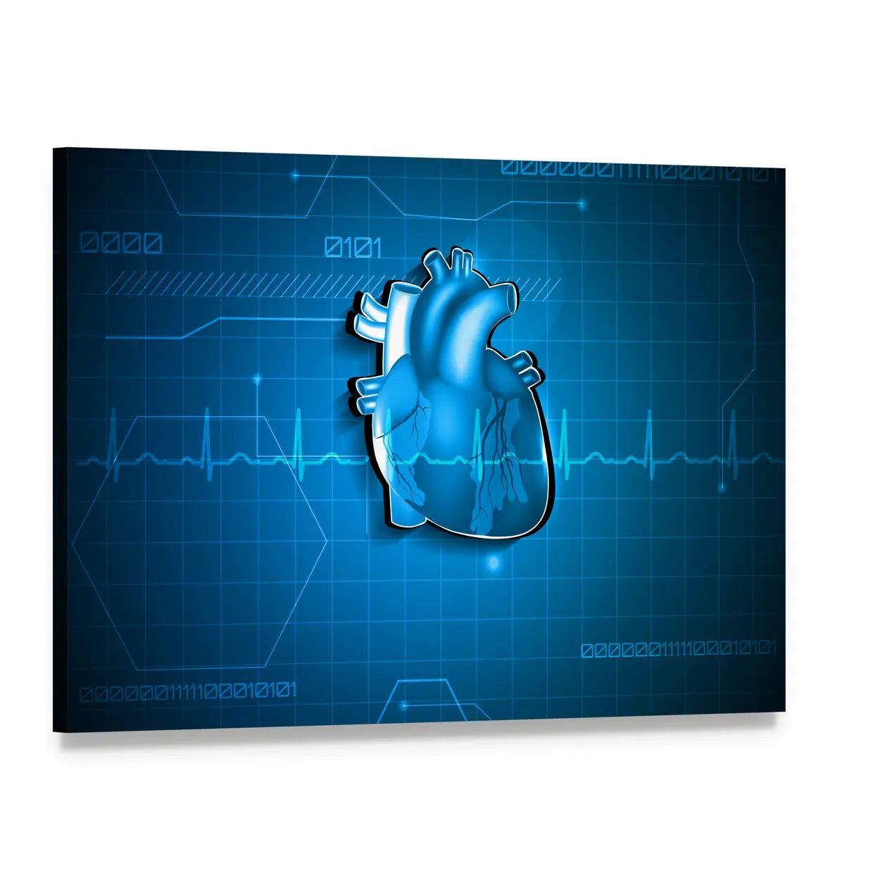 Stylized Blue Heart with Ekg Canvas Wall Art, single panel gallery wrapped canvas, angled product view